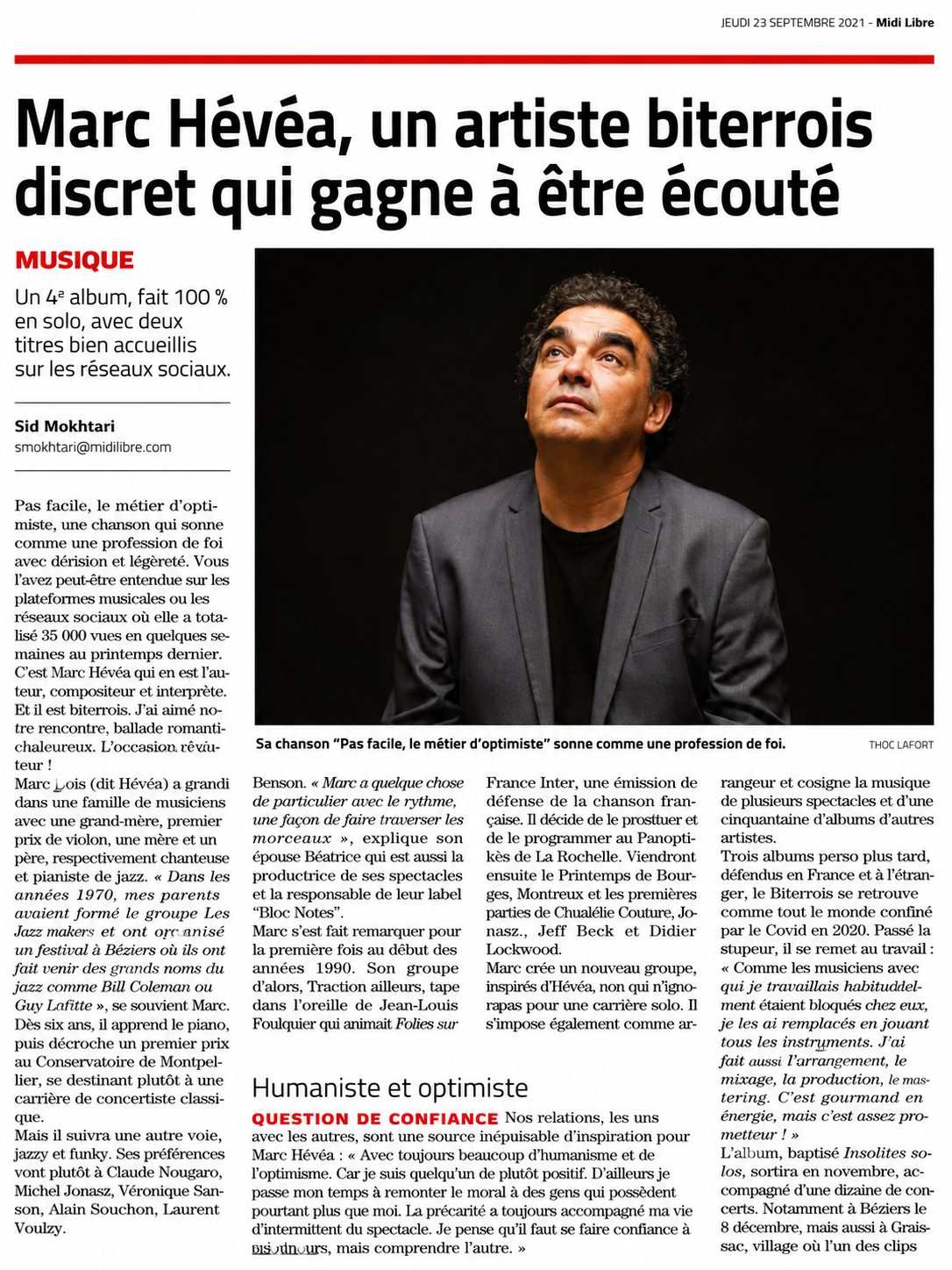 Article de presse consacré à Marc Hévéa dans Midi Libre